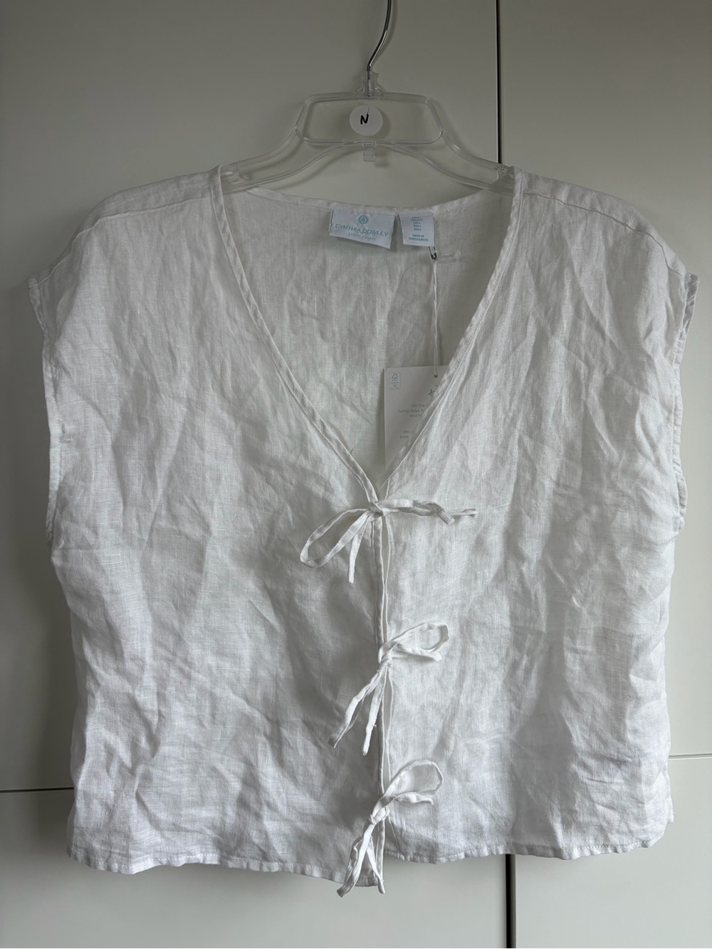 NWT Cynthia Rowley 100% Linen White Tie-Front Short Sleeve Top Large